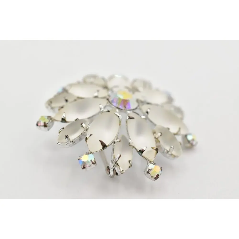 Vintage Crystal Flower Pin Brooch Frosted AB Rhinestone Prong Silver 1990s BinBG